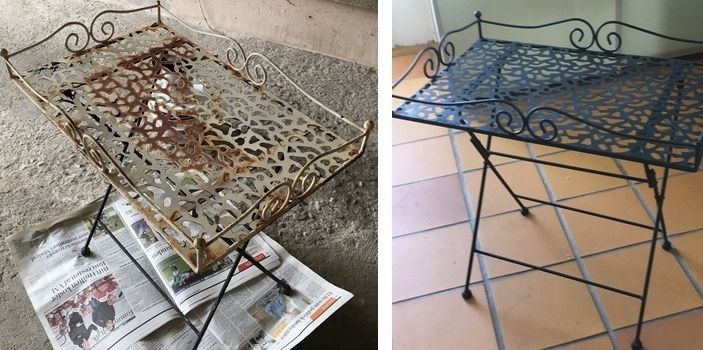 Mal et metal bakkebord med kalkmaling udendørs