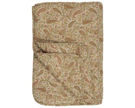 quiltet tæppe i grøn, gyldne og rust farver 