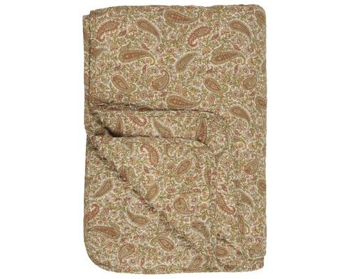 quiltet tæppe i grøn, gyldne og rust farver 