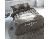 Trend foto af sengetøj med tekst 140x220 cm i brune farver