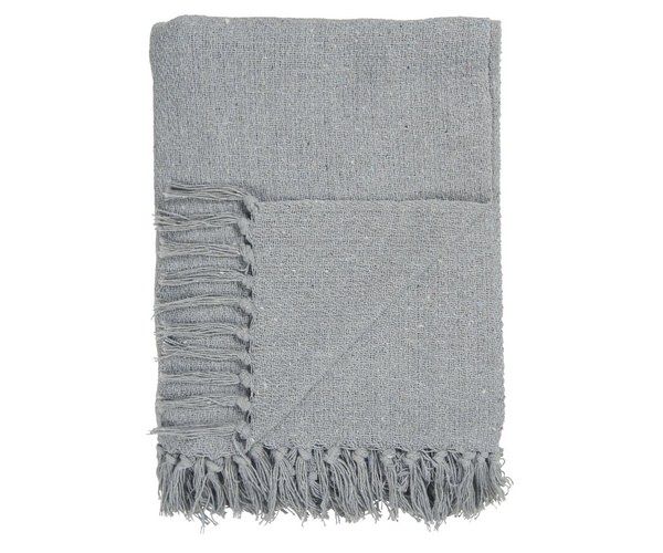 Et foto af en lyseblå plaid med frynser fra ib laursen