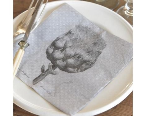 Et foto af servietter grå med artiskok i papir fra jeanne d'arc living