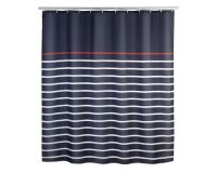 Et fot af et stribet badeforhæng mørkeblå, hvid og rød fra wenko