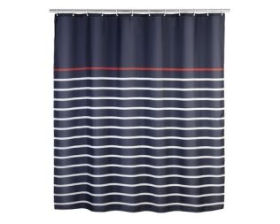 Et fot af et stribet badeforhæng mørkeblå, hvid og rød fra wenko