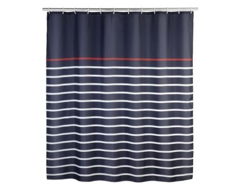 Et fot af et stribet badeforhæng mørkeblå, hvid og rød fra wenko