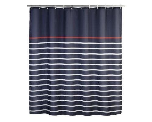 Et fot af et stribet badeforhæng mørkeblå, hvid og rød fra wenko