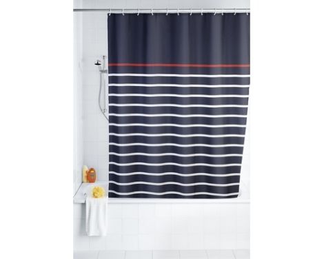 Trend foto af et stribet badeforhæng mørkeblå, hvid og rød fra wenko