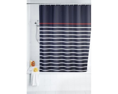 Trend foto af et stribet badeforhæng mørkeblå, hvid og rød fra wenko