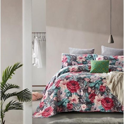 Sengetæppe med blomster til dobbeltseng med puder