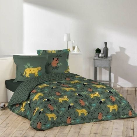 Dyre sengetøj 200x200 med tiger, panda og fugle i grøn