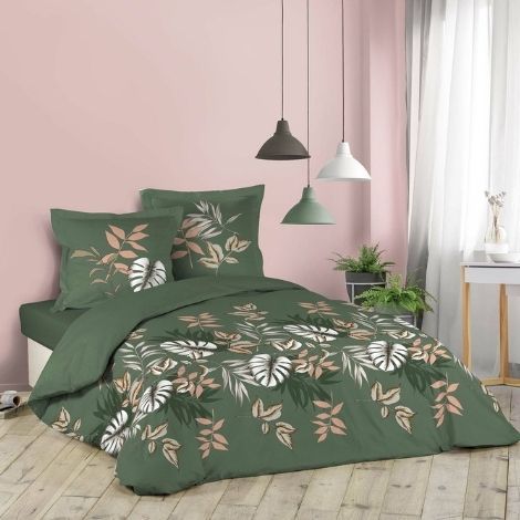 240x220 sengetøj grønt med blade 100 % bomuld