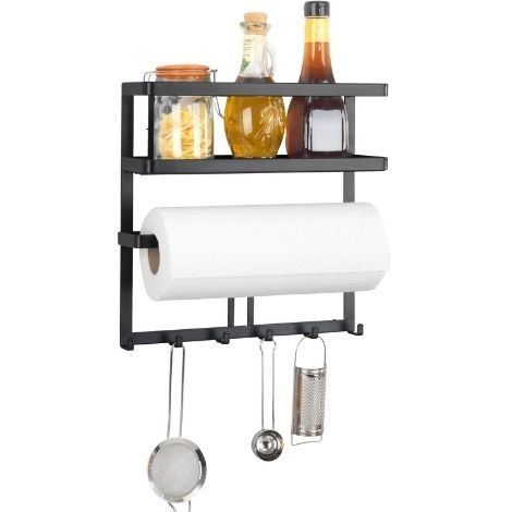 Sort køkkenrulleholder til væg med hylde og kroge
