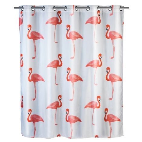 Flamingo badeforhæng i stof med vægtbånd 180x200 fra wenko