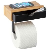 Toiletrulleholder med hylde og skuffe bambaus og sort fra wenko