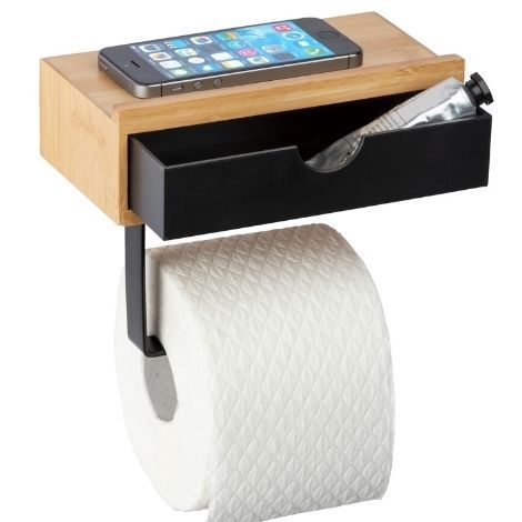 Toiletrulleholder med hylde og skuffe bambaus og sort fra wenko