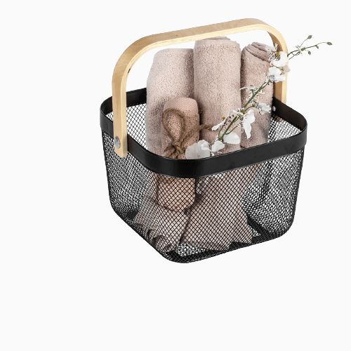 Sort kurv metal til opbevaring bambus håndtag fra wenko