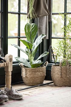Flettede kurve i pil og søgræs med hank til opbevaring og planter Flettede kurve i pil og søgræs med hank til opbevaring og planter