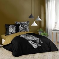 Leopard sengetøj til dobbeltdyne 200x200 og 240x220 cm. bomuld sort , grå og karrygul