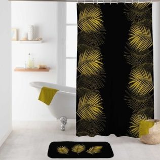 Badeforhæng guld og sort med fjer 180x200 polyester