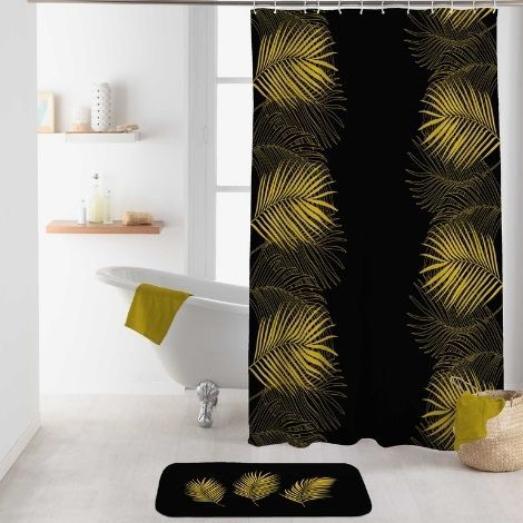 Badeforhæng guld og sort med fjer 180x200 polyester
