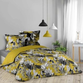 Dobbeltdyne sengetøj med fugle karrygul, sort og hvid i bomuld 240x220 king size