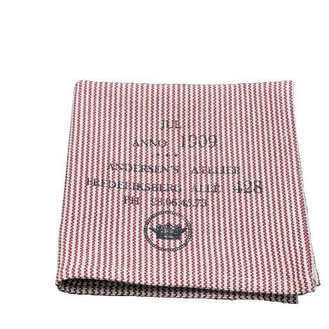 Servietter til julebordet i stof rød  og creme stribet med tryk jul anno 1909 bomuld