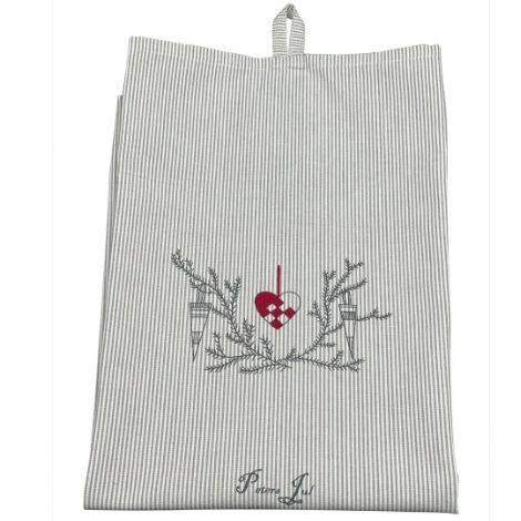 Viskestykke med juledigt Peters jul og pyntet grangren stribet beige