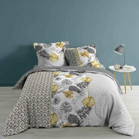Bomulds sengetøj til dobbeltdyne mønstret med blade hvid, grå, sort og gule farver 240x220 