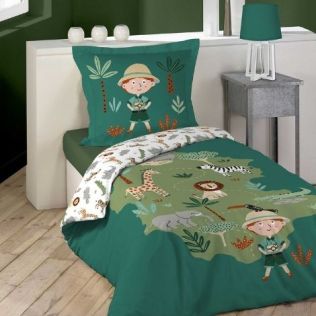 Sengetøj med elefanter, giraf, zebra og krokodille til børn grønt 140x200