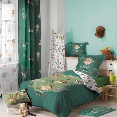 Sengetøj med elefanter giraf i grøn, hvid 140x200 cm til børn