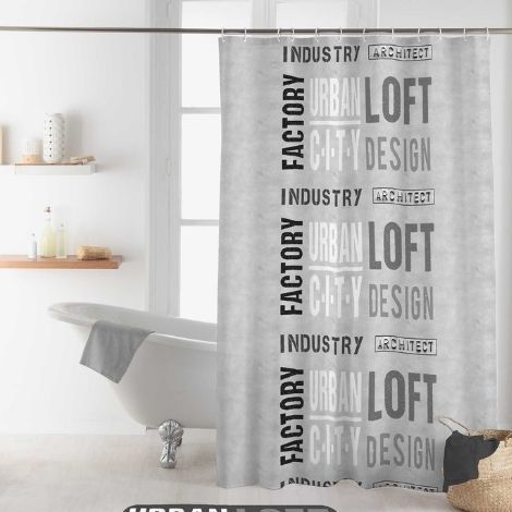 grå bruseforhæng 180x200 med tekst i industrielt look