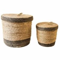 Rund kurv med låg søgræs og jute