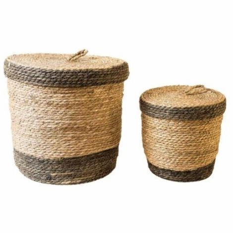 Rund kurv med låg søgræs og jute