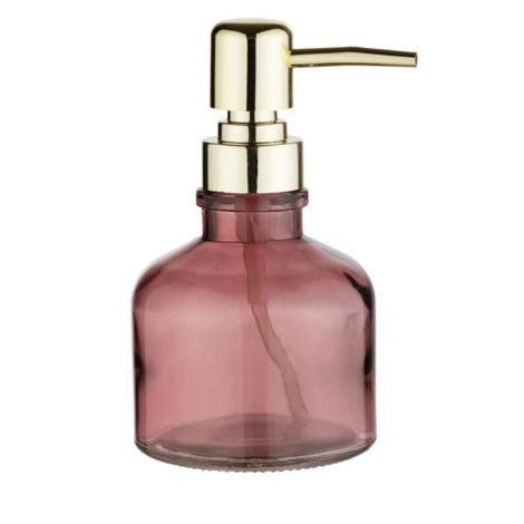 Lille sæbedispenser gammelrosa i glas med guld plast pumpe
