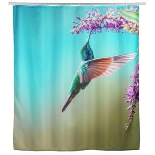 Badeværelse forhæng 180x200 med motiv af fugl og blomster