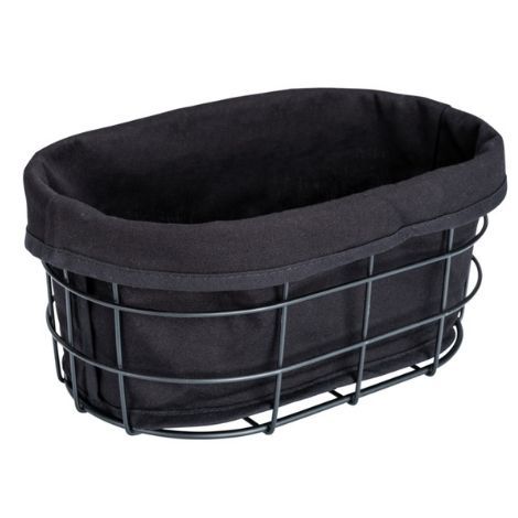 Sort brødkurv i metal med stof indeni