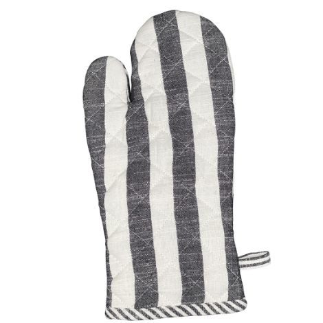 Grydelap handske med sorte og hvide brede striber på den ene side