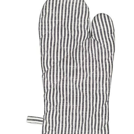 Grydelap handske med sort og hvide smalle striber på den ene side