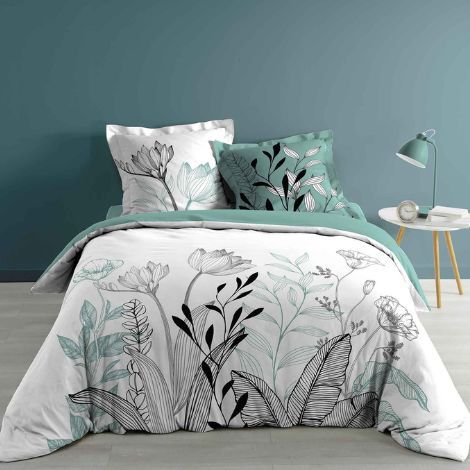 Blomstret sengetøj 240x220 i bomuld hvid,grøn og sorte farver