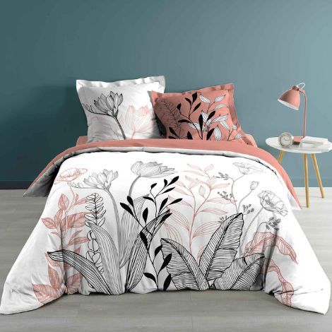 Lækkert sengetøj med blomster 240x220 hvid, laksefarvet og sort i bomuld