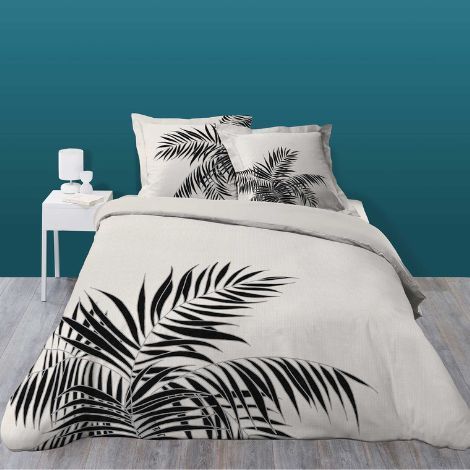 Flonels sengetøj til dobbeltdyne med palme motiv i str. 200x200 og 240x220