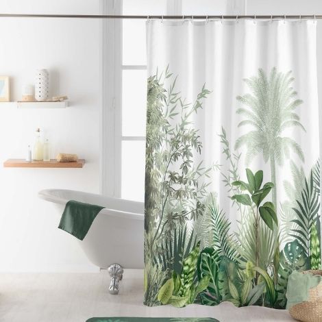 Badeforhæng jungle 180x200 med ringe hvid med grønne planter