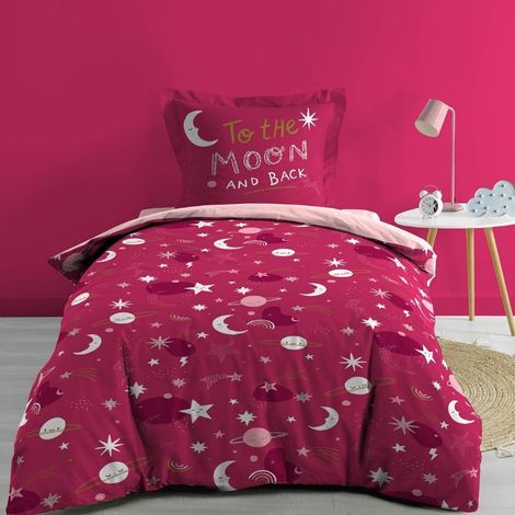 Pink sengetøj 140x200 lagt på en enkeltdyne