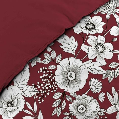nærbillede af blomster mønsteret på bordeaux sengetøj til enkeltdyne