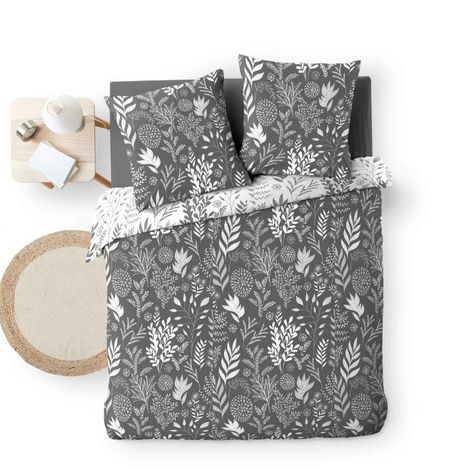 Sengetøj gråt til dobbeltdyne 240x220 i bomuld med blade mønster