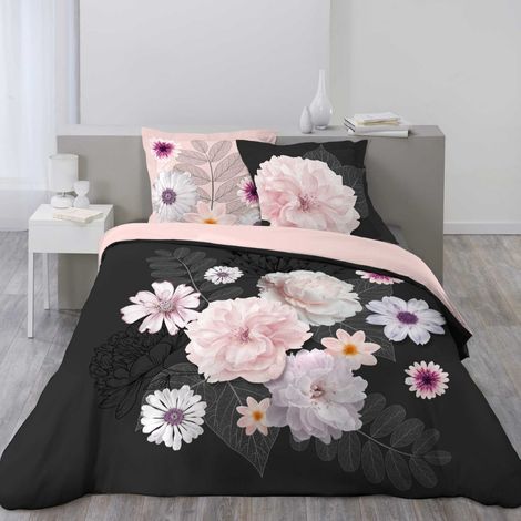 Flonel sengetøj 240x220 sort med blomstermotiv