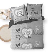 Sengetøj med skrift 240x220 grå i bomuld