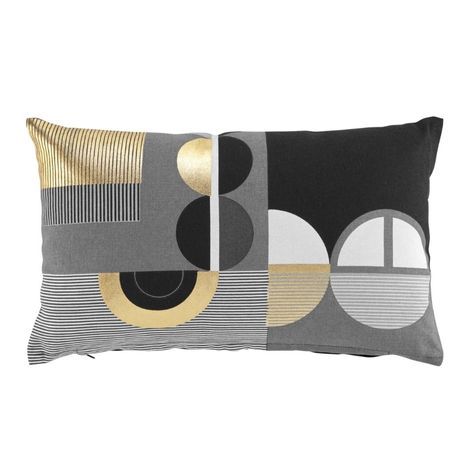 Grå puder aflange med mønster i sort og guld pudebetræk 30x50 cm