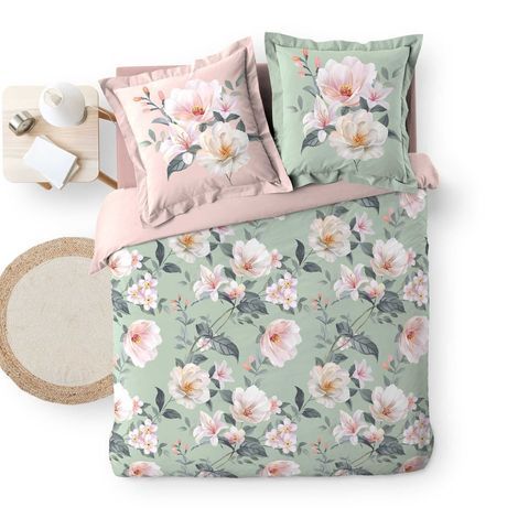 Pastel farvet sengetøj 240x200 lysegrøn med lyserøde, rosa og gule blomster