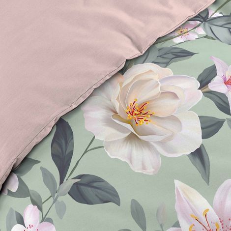 Nærbillede af mønsteret på pastelfarvet sengetøj